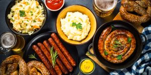 Oktoberfest food - sausage, beer and bretzel